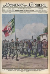 1935 The machine gunners of the Brennero Division parade before the Duce - DOMENICA DEL CORRIERE - military manoeuvre. The troops pass before Benito Mussolini (illustration by Achille Beltrame)