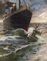 A German Transatlantic Overturns and Breaks a Submarine of the English Fleet off the Coast of Dover. Illustration by Beltrame. 