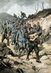 A happy hero. After capturing forty Austrians and a guitar in a cave, Private Buoncompagni marched at the head of the group of prisoners singing. Illustration by Beltrame. La Domenica del Corriere. 10/1917