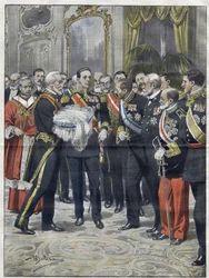 Alfonso XIII (1886-1941), King of Spain at the ceremony of the presentation of his son Alfonso (1907-1938), Count of Covadonga, Prince of Asturias. Drawing by Achille Beltrame. from 1907
