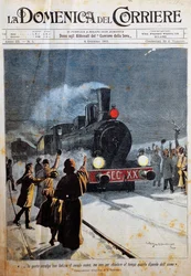 Arrival of new century, people welcoming in new century with joy, illustration by Achille Beltrame, from La Domenica del Corriere, January 6