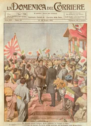 Arturo Ferrarin, long-distance flyer being welcomed in Tokyo as first to arrive on Rome-Tokyo route, illustration from La Domenica del Corriere