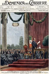 Benito Mussolini delivering his speech at the Teatro Reale of the Opera in Rome before the leaders of the regime. Illustration by Achille Beltrame. "La Domenica del Corriere" of 24 March 1929