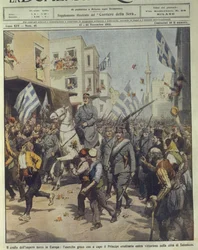 Victorious Greek army entering Thessaloniki during downfall of Turkish Empire