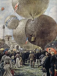 Departure of hot air balloon at Milan Air Show, illustration by Achille Beltrame from La Domenica del Corriere, June 19