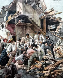 Earthquake in Reggio (Calabria) on 28/12/1908. Soldiers are searching in the rubble for the victims of the earthquake. Illustration by Beltrame