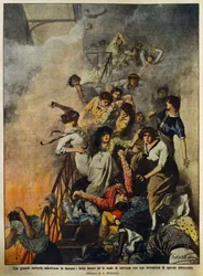 Fire in large American textile factory: workers on stairwell, illustration by Achille Beltrame, from La Domenica del Corriere, August 10