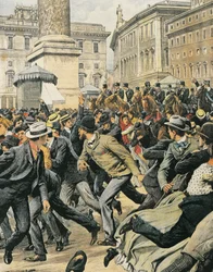 General workers strike in Rome, by Achille Beltrame, illustration, from La Domenica del Corriere