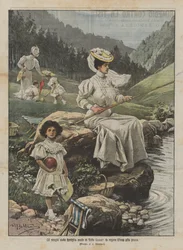 The pastimes of the royal family in Valle Gesso, Queen Elena fishing