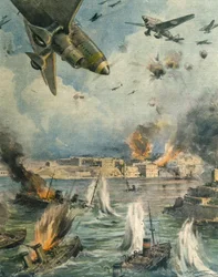 Great Axis air offensive over Malta, illustration by Achille Beltrame, from La Domenica del Corriere, 25th January 1942