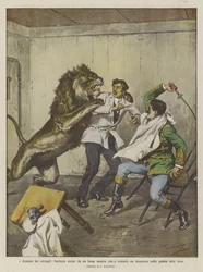 The Dramas of the Menageries, Barber Killed by a Lion While Shaving a Tamer in the Cage