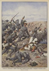 Our heroes, at Kars-Bu-Adi, Captain Civardi, wounded, rushes among the first, shouting