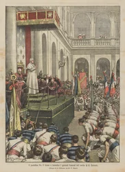 Pope Pius X receives and blesses French gymnasts in the courtyard of St. Damasus