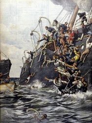 The catastrophe of the Liban: passengers jump into the sea after the collision with another ship off Marseille. Illustration by Beltrame. La Domenica del corriere. 1903
