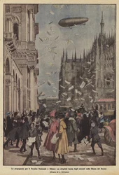 Propaganda for the National Loan in Milan, a dirigible drops colored sheets on Piazza del Duomo