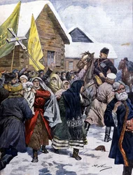 Superstition in Russia: the police attempt to disperse the sect of the new Christians. Illustration of Beltrame. La Domenica del Corriere. 1901