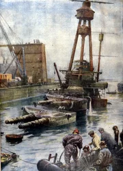 The German battleship Hindenburg, sunk at Scapa Flow in Scotland, resurfaced thanks to the English fleet after 7 years at the bottom of the oceans. Illustration by Beltrame. La Domenica del Corriere