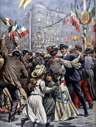 The sovereigns of Italy in Paris: the popular balls in the streets. Illustration by Beltrame. La Domenica del Corriere. 1903.