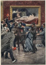 Mary Richardson (1889-1961), Canadian suffragette activist, cuts with a knife the painting "The Rokeby Venus" by painter Don Diego Velázquez in a room at the National Gallery in London. Illustration by Achille Beltrame for "La domenica del corriere". 191
