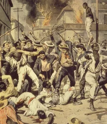 Mob hunting Black people in Springfield, Illinois, Achille Beltrame (1871-1945), from La Domenica del Corriere, August 1908