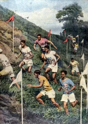Paris Olympic Games: running with natural obstacles: cross-country. Illustration by Beltrame. La Domenica del Corriere