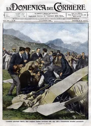 Peruvian Airman Chavez, After His Daring Cross of the Alps, Crashed in Domodossola with Serious Injuries. Illustration by Beltrame. 2/10/1910. 