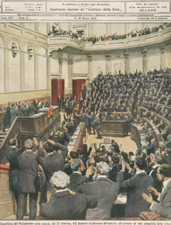 Re-opening of Italian Parliament on Evening of 22nd February, Cheering of Army after its Successful Campaign in Libya, by Achille Beltrame, Illustration, from La Domenica del Corriere, 3rd March 1912