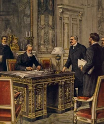 Signing of Franco-Italian Arbitration Convention in Paris, by Achille Beltrame, illustration, from La Domenica del Corriere