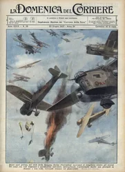 Spanish Civil War: Aerial clashes between Republican and Nationalist aircraft over war-torn Spain. Illustration by Achille Beltrame in "La domenica del Corriere" of 20/06/1937.