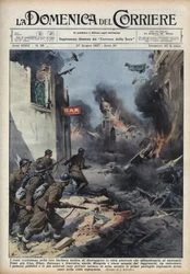 Spanish Civil War: clashes in the streets of Basque cities, with Republicans destroying everything rather than leaving the cities to the Nationalists. Illustration by Achille Beltrame in “La Domenica del Corriere” of 27/06/1937.