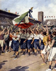 The 1912 Stockholm Olympic Games: the winning Italian gymnastics team. Illustration by A. Beltrame. La Domenica del Corriere