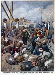 The Italian liner Perseo at the time of entry into the port of Beirut in Syria is stormed by sea bandits - Illustration of Beltrame in La Domenica del Corriere 07/1913