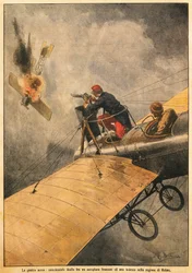 The War in Air: Duel between French plane and German one in sky over Reims, by Achille Beltrame, from La Domenica del Corriere, 25th October 1914