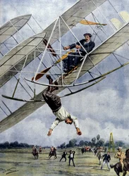 The dramas of the air: Orville Wright and the American lieutenant Selfridge hurtle with their plane from an altitude of thirty meters. Illustration by Beltrame. La Domenica del Corriere. 1908