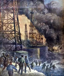 The Hell of Fire and Flames. The Signal Hill Oil Well Fire in California. Illustration by W. Beltrame. 