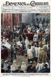 The wedding of Princess Lydia of Arenberg and Duke of Pistoia: a magnificent ceremony in the Cathedral of Turin, in the presence of the rulers and princes of the House of Savoy and the Arenberg family. Illustration by Baltrame. La Domenica del Corriere. 13