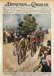 Tour de France, Learco Guerra leading pack, illustration by Achille Beltrame from La Domenica del Corriere, July 20
