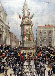 Traditional Sicilian Festival: A tank led in procession to Casteltermini (Girgenti). Illustration by Beltrame in 
