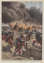 French trench in Champagne flooded with petrol by the Germans and then set on fire with bombs