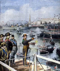 Visit of Benito Mussolini in Genoa. The Duce greets the city from the Esperia bridge. Illustration by Beltrame. La Domenica del Corriere, 6/06/1926.