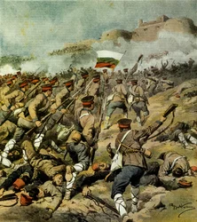 War of Five Nations, Bulgarian army advances towards Adrianople and captures Kirk Kilisse and impressive military booty, illustration from La Domenica del Corriere, November 3, 1912
