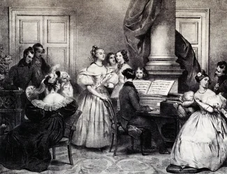 Family concert with piano, by Achille Deveria, engraving, France