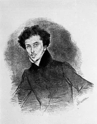 Portrait of the French writer Alexandre Dumas father circa 1832. Lithograph of Deveria