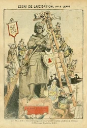 Illustration by Achille Lemot (1846-1909) in Le Pèlerin, 05/05/07 - Attempt at secularization - anti-masonry, freemasonry, religion, faith, Catholicism - secularization, secularism, secularists - Joan of Arc - Change of scale