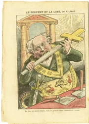 Illustration by Achille Lemot (1846-1909) in Le Pelerin, 23/05/09 - The Snake and the Lime - Antimaconism Freemasonry, Religion Faith, Christian Cross, Fables La Fontaine and others, Catholic Catholicism - Secularization Secularism Secularists - Snakes - A
