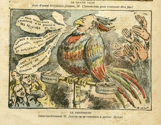 Illustration by Achille Lemot (1846-1909) in Le Pèlerin, 26/01/08 - The Great Peacock - Strike, Socialism, Carmaux, Humanité (newspaper) - Jean Jaurès, Parrot