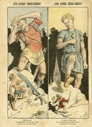 Illustration by Achille Lemot (1846-1909) in Le Pèlerin, 05/11/05 - 1070 BC Jesus Christ 1905 AD - Antimasonry, religion and faith, Left Bloc, Catholicism - Secularization, secularism, laity - David, Goliath - Tales and mythology