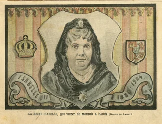 Illustration of Achille Lemot in Le Pelerin, 24/04/04 - Queen Isabelle, who just died in Paris - Paris, Spain, Monarchy, Foreign Sovereign - Isabella II of Spain