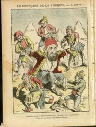 Illustration of Achille Lemot in Le Pelerin, 25/10/08 - The depecage of Turkey - Turkey, Religion Faith, Balkans, Bulgaria, Bosnia Herzegovine, Crete, Catholic Catholicism - Abdul-Hamid II