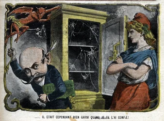 Cartoon showing Pierre Marie Rene Waldeck-Rousseau (1846-1904), French politician, unable to complete the national budget in 1901. Cartoon by Lemot